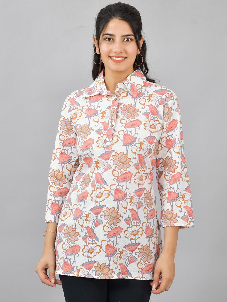 Women White Peach Floral Printed Cotton Spread Collar Short Kurti