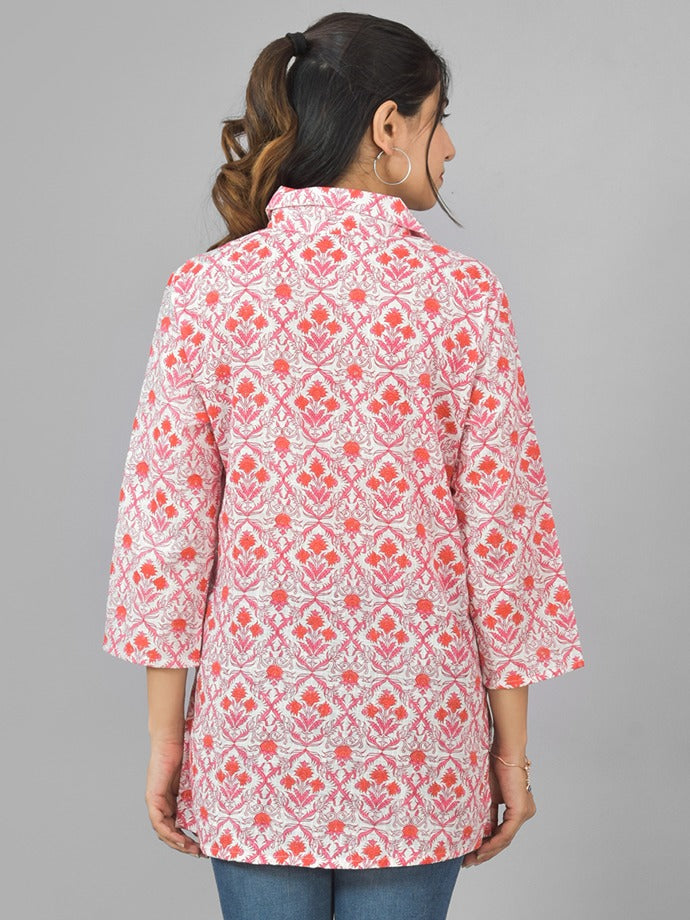 Women White Pink Floral Printed Cotton Spread Collar Short Kurti