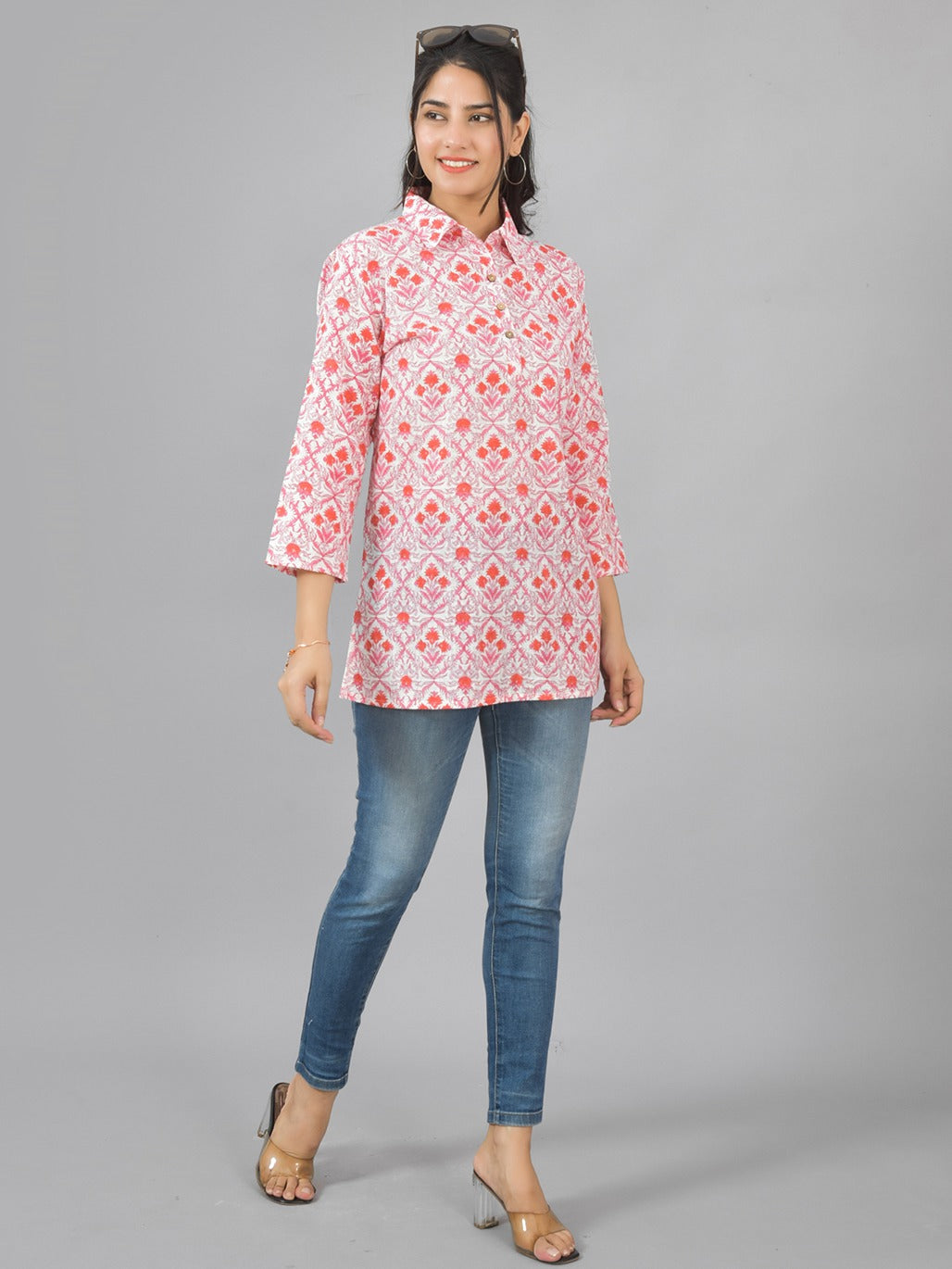 Women White Pink Floral Printed Cotton Spread Collar Short Kurti