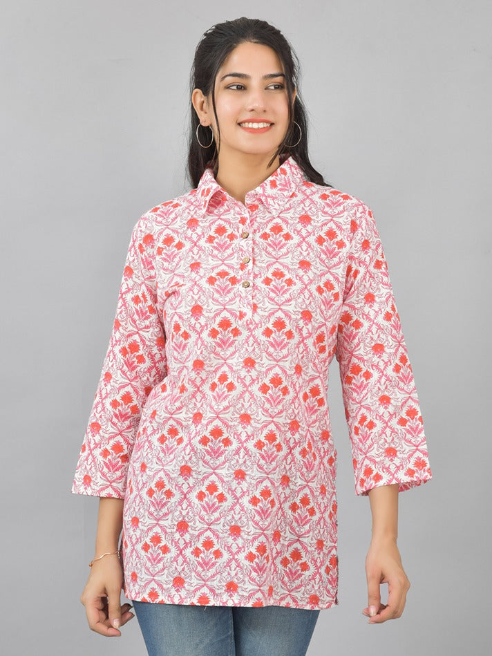 Women White Pink Floral Printed Cotton Spread Collar Short Kurti