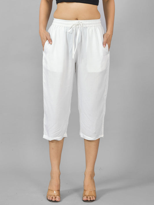 Women Solid White Rayon Calf Length Culottes Trouser