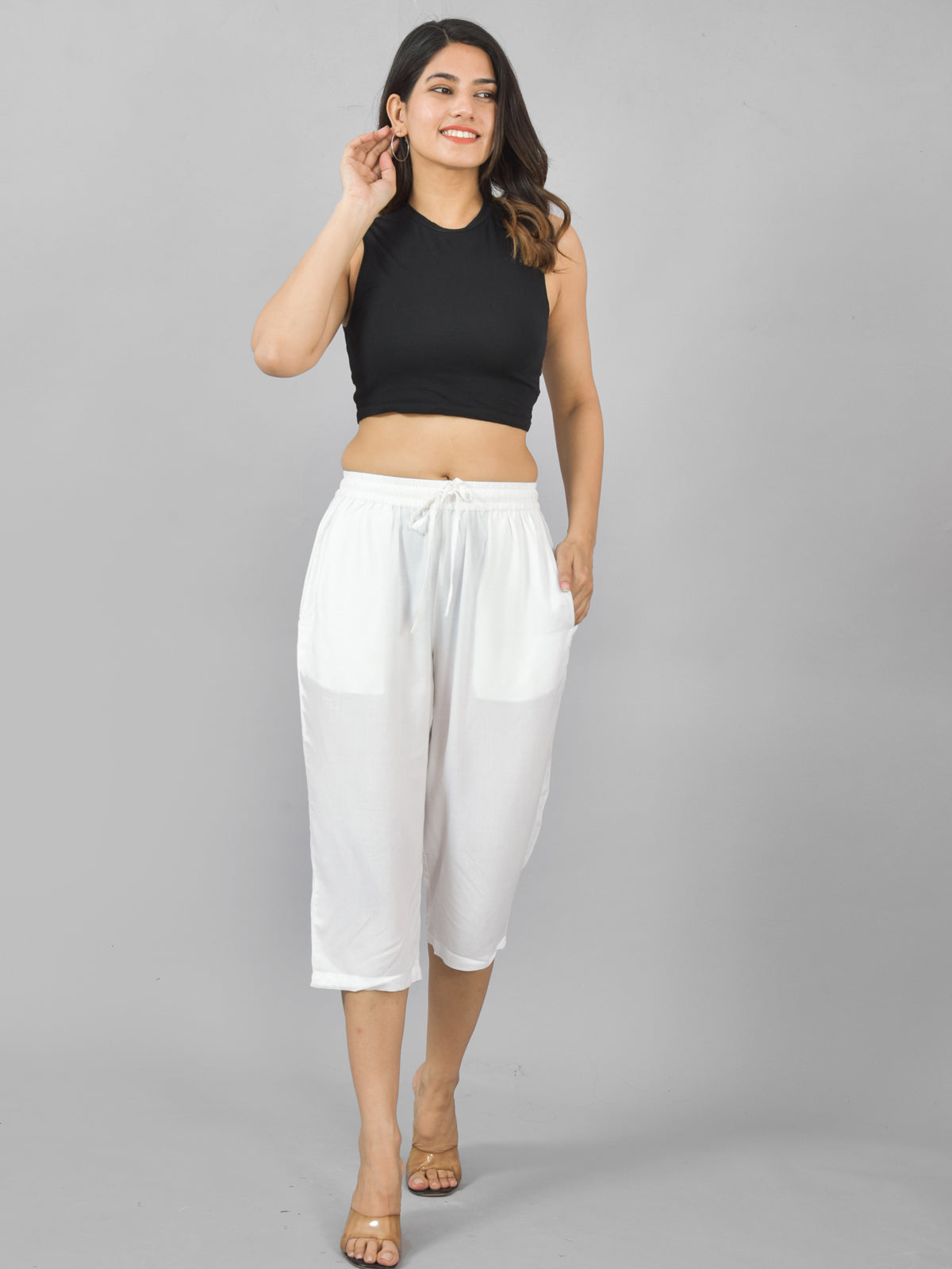 Pack Of 2 Women White And Wine Calf Length Rayon Culottes Trouser Combo