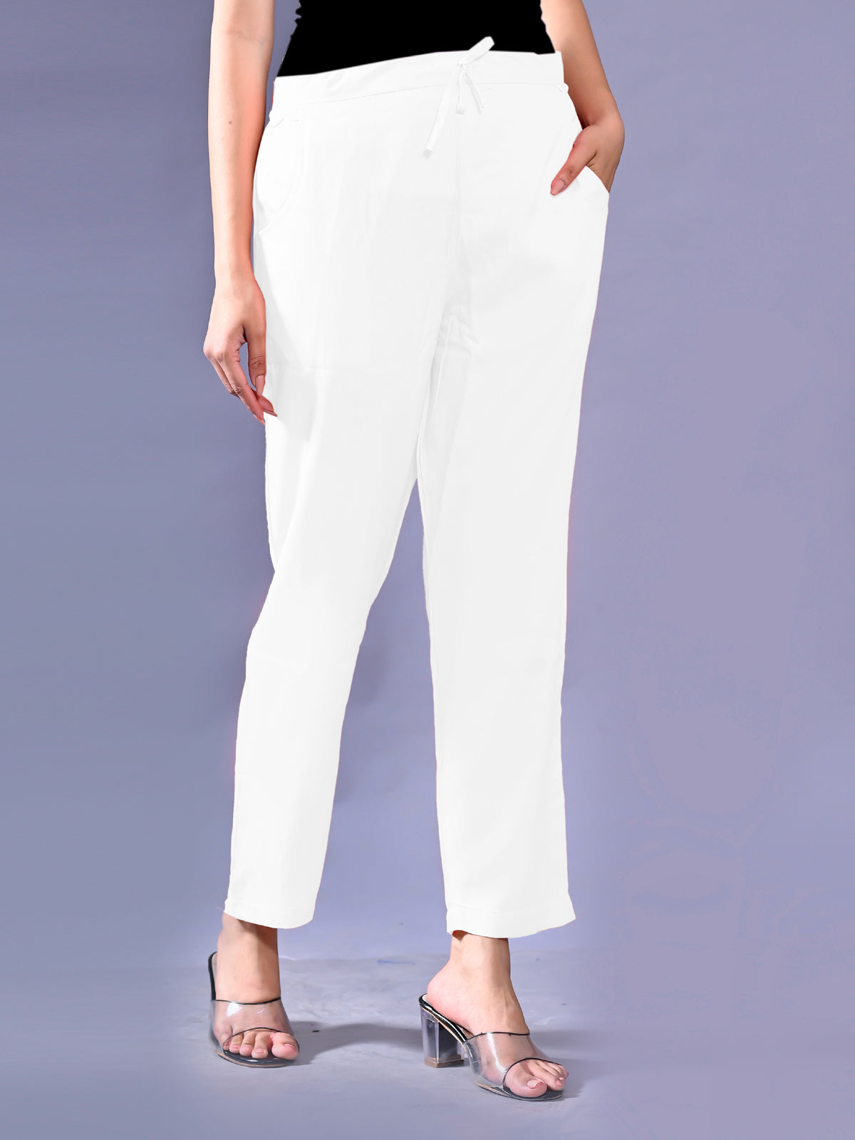 Women Regular Fit White Rayon Trouser