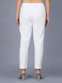 Women's White Regular Fit Elastic Cotton Trouser