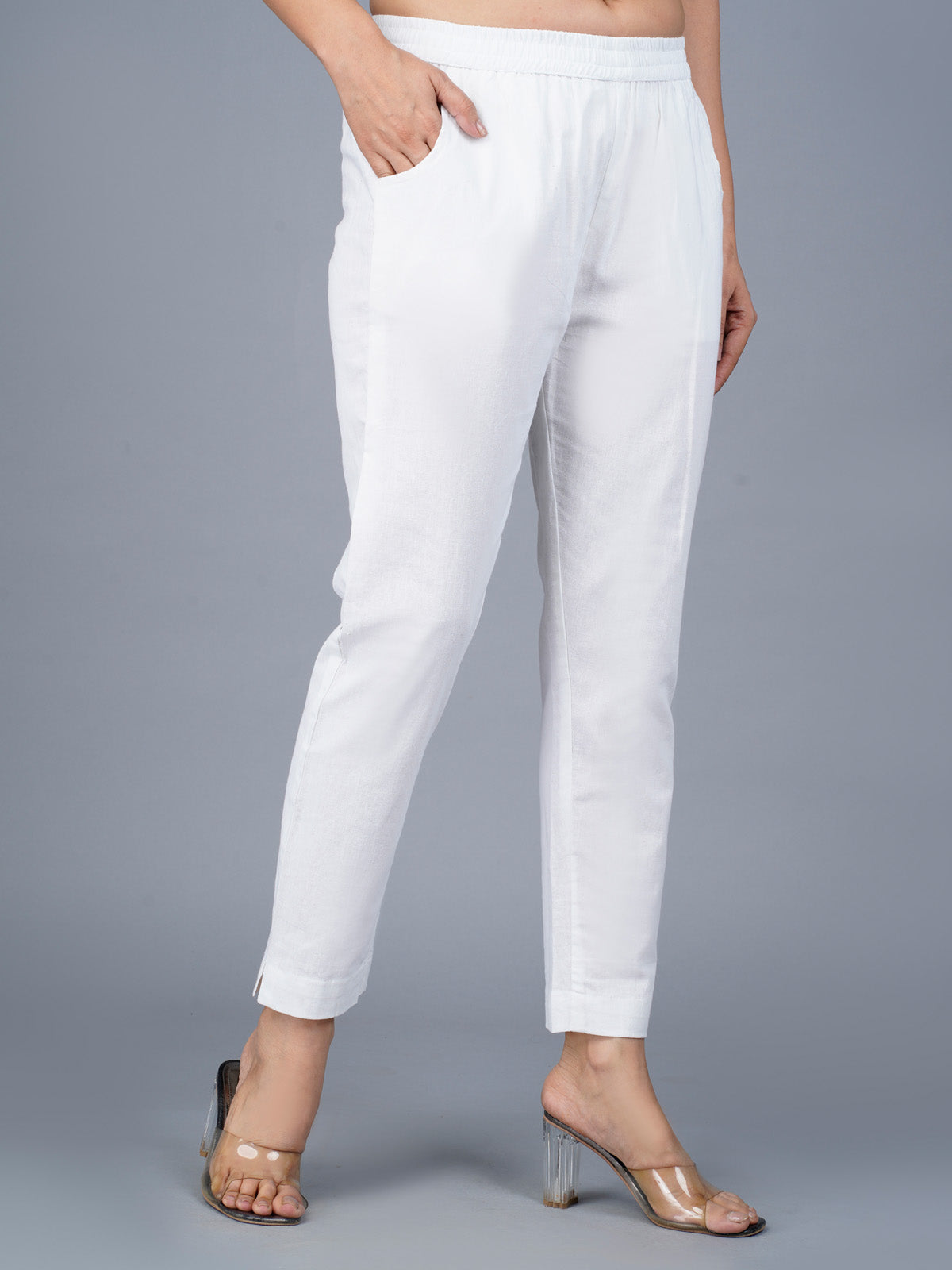 Women's White Regular Fit Elastic Cotton Trouser