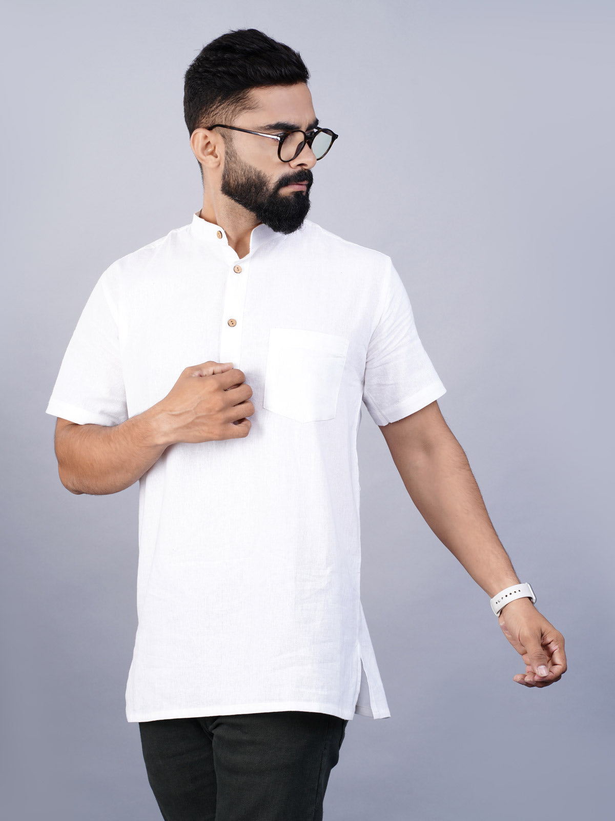 Mens Regular Fit Solid White Cotton Straight Short Kurta