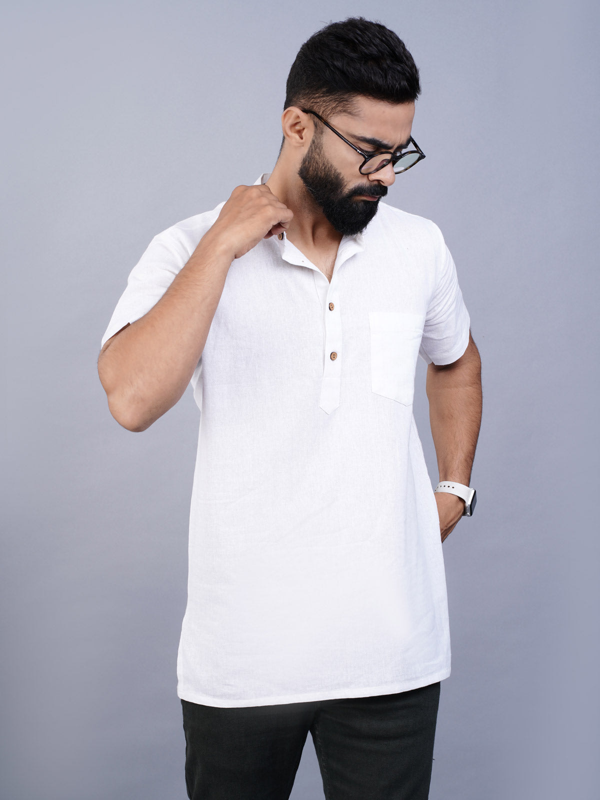 Mens Regular Fit Solid White Cotton Straight Short Kurta