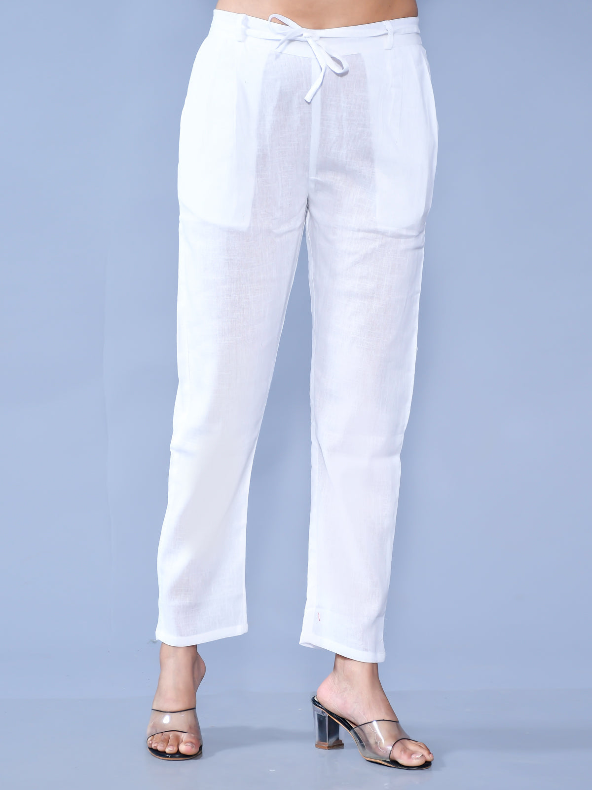 Pack Of 2 Womens Regular Fit Chiku And White Cotton Slub Belt Pant Combo