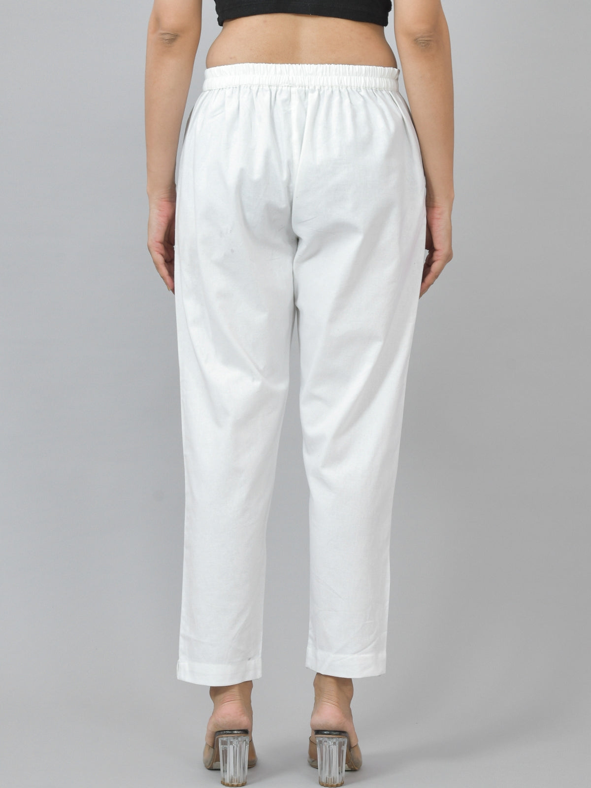 Women Regular Fit Deep Pocket Solid White Half Elastic Cotton Pants