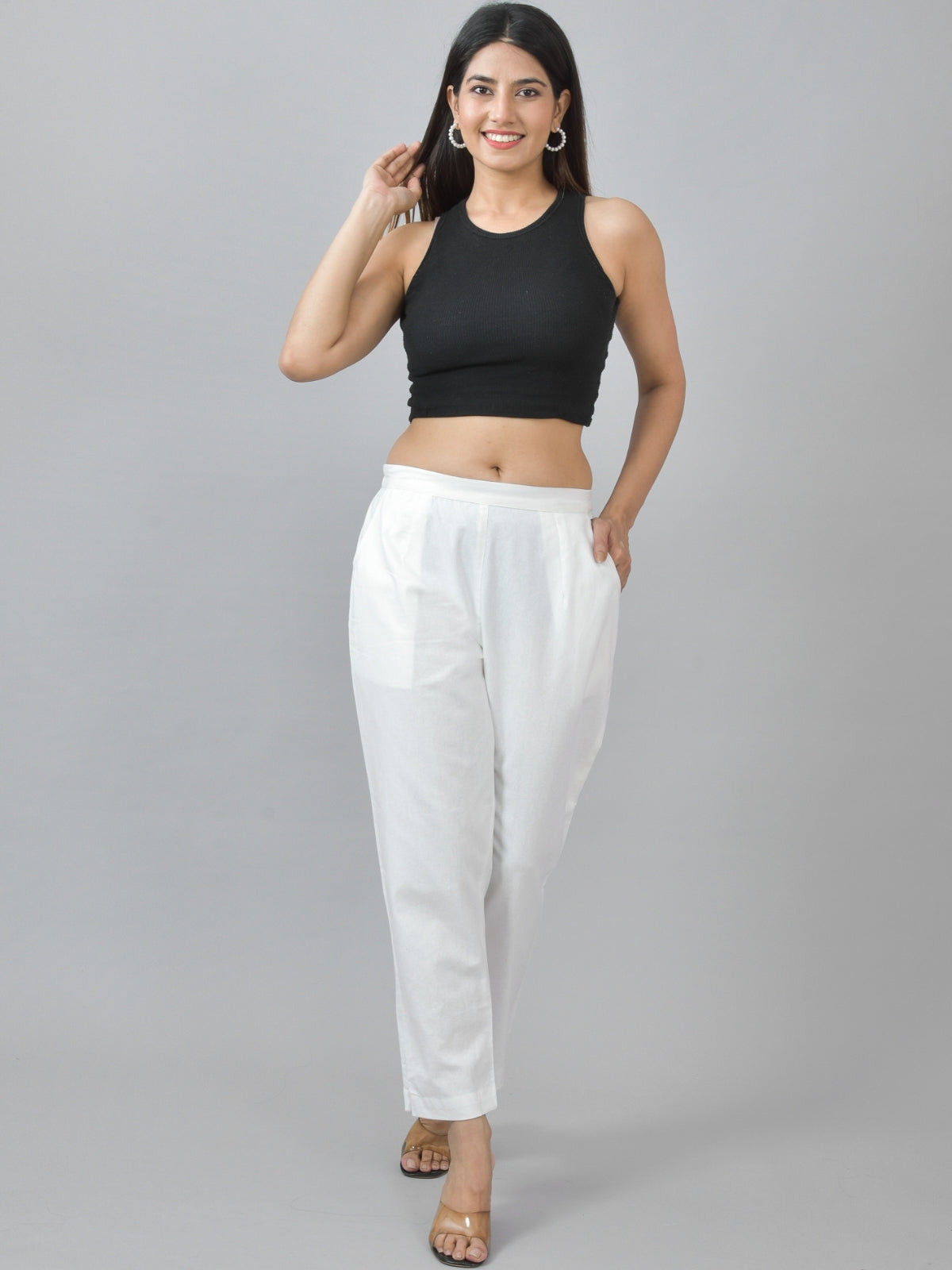 Women Regular Fit Deep Pocket Solid White Half Elastic Cotton Pants