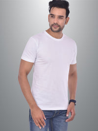 Mens Solid Round Neck  Half Sleeve Cotton Blend White T-shirt