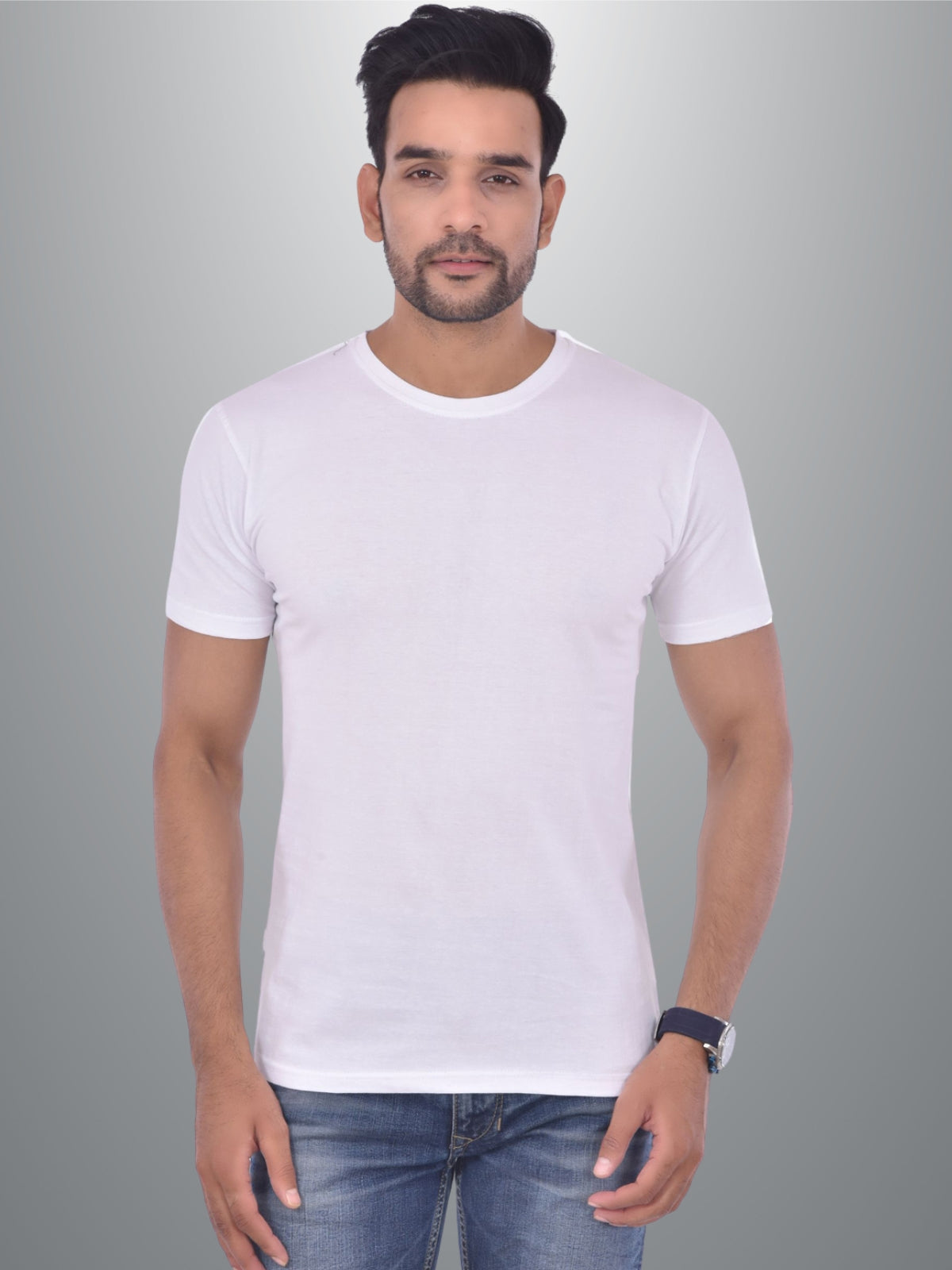 Mens Solid Round Neck  Half Sleeve Cotton Blend White T-shirt