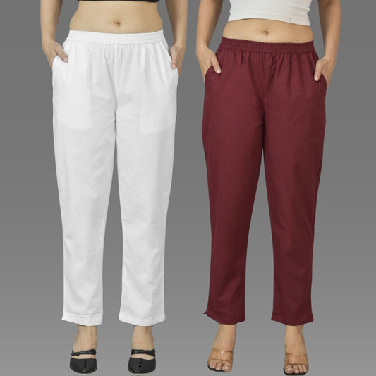 Pack Of 2 Womens White And Wine Deep Pocket Fully Elastic Cotton Trouser