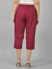 Women Solid Wine Rayon Calf Length Culottes Trouser