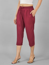 Women Solid Wine Rayon Calf Length Culottes Trouser