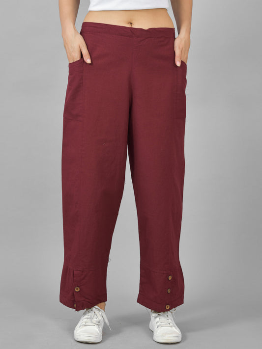 Womens Wine Side Pocket Pure Cotton Straight Cargo Pant