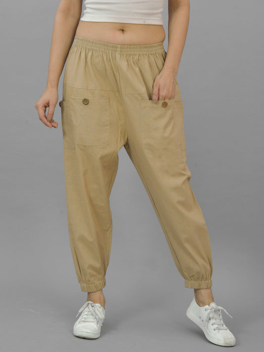 Quaclo Women's Beige Four Pocket Cotton Cargo Pants