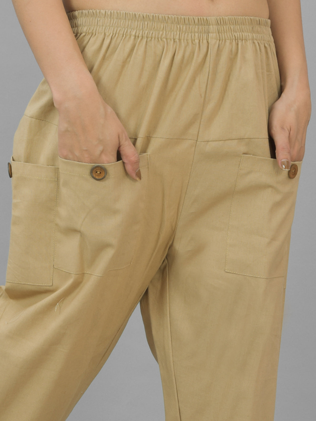 Quaclo Women's Beige Four Pocket Cotton Cargo Pants