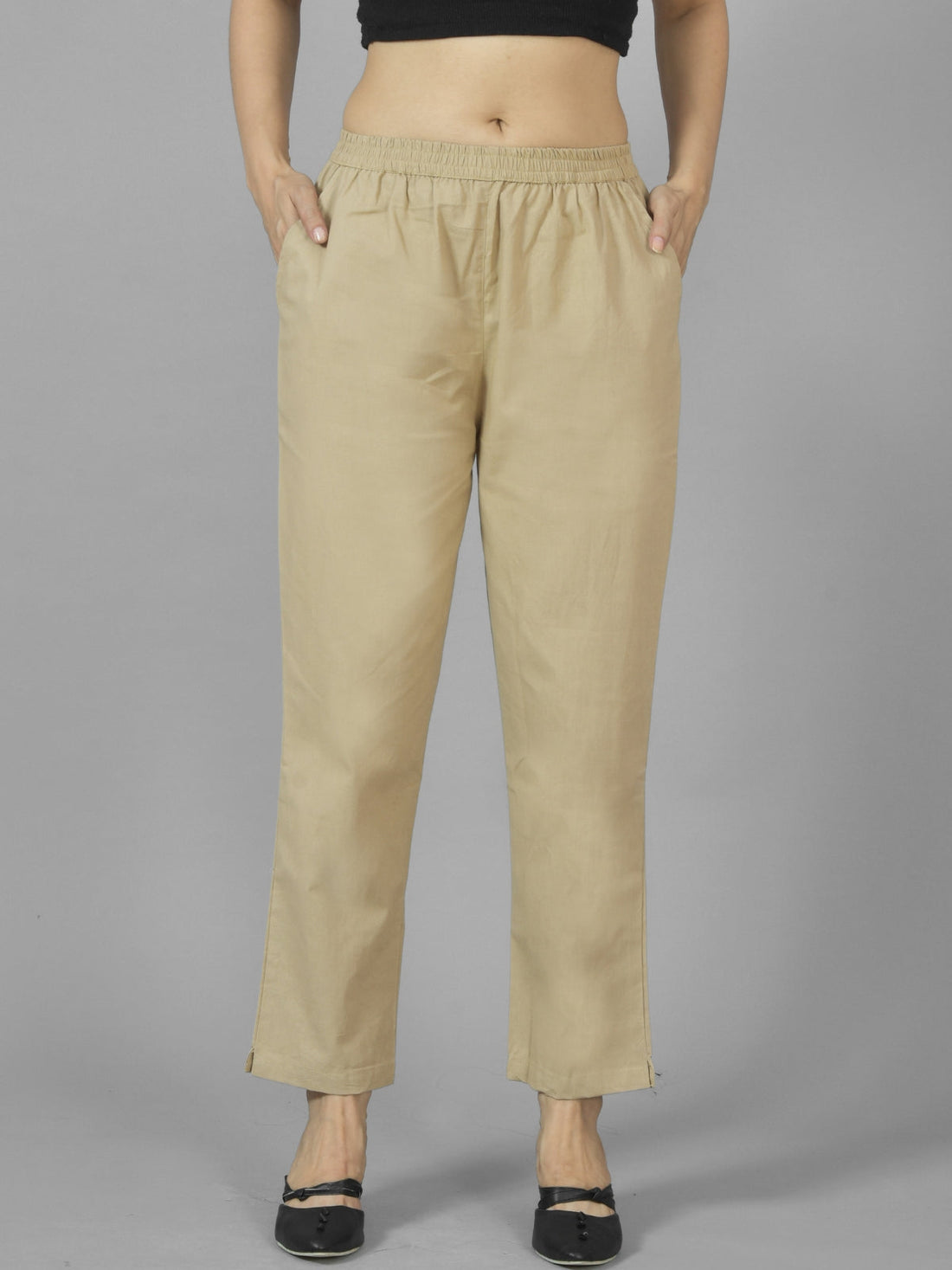 Pack Of 2 Womens Beige And Grey Deep Pocket Fully Elastic Cotton Trouser