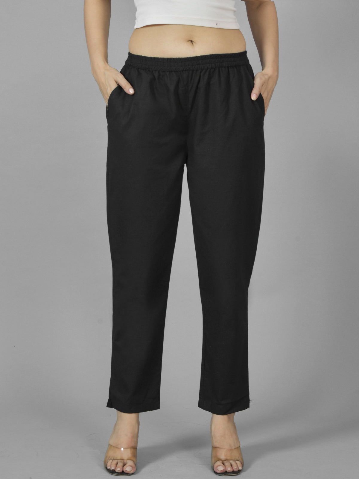 Quaclo Womens Black Regular Fit Fully Elastic Cotton Trouser