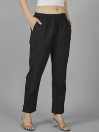 Quaclo Womens Black Regular Fit Fully Elastic Cotton Trouser