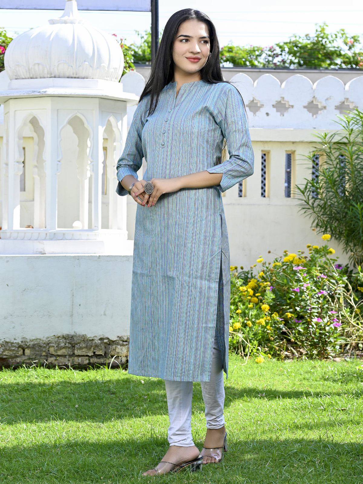 Ethnic Wear Khadi Cotton Blue Multistripe Couple Kurta Set