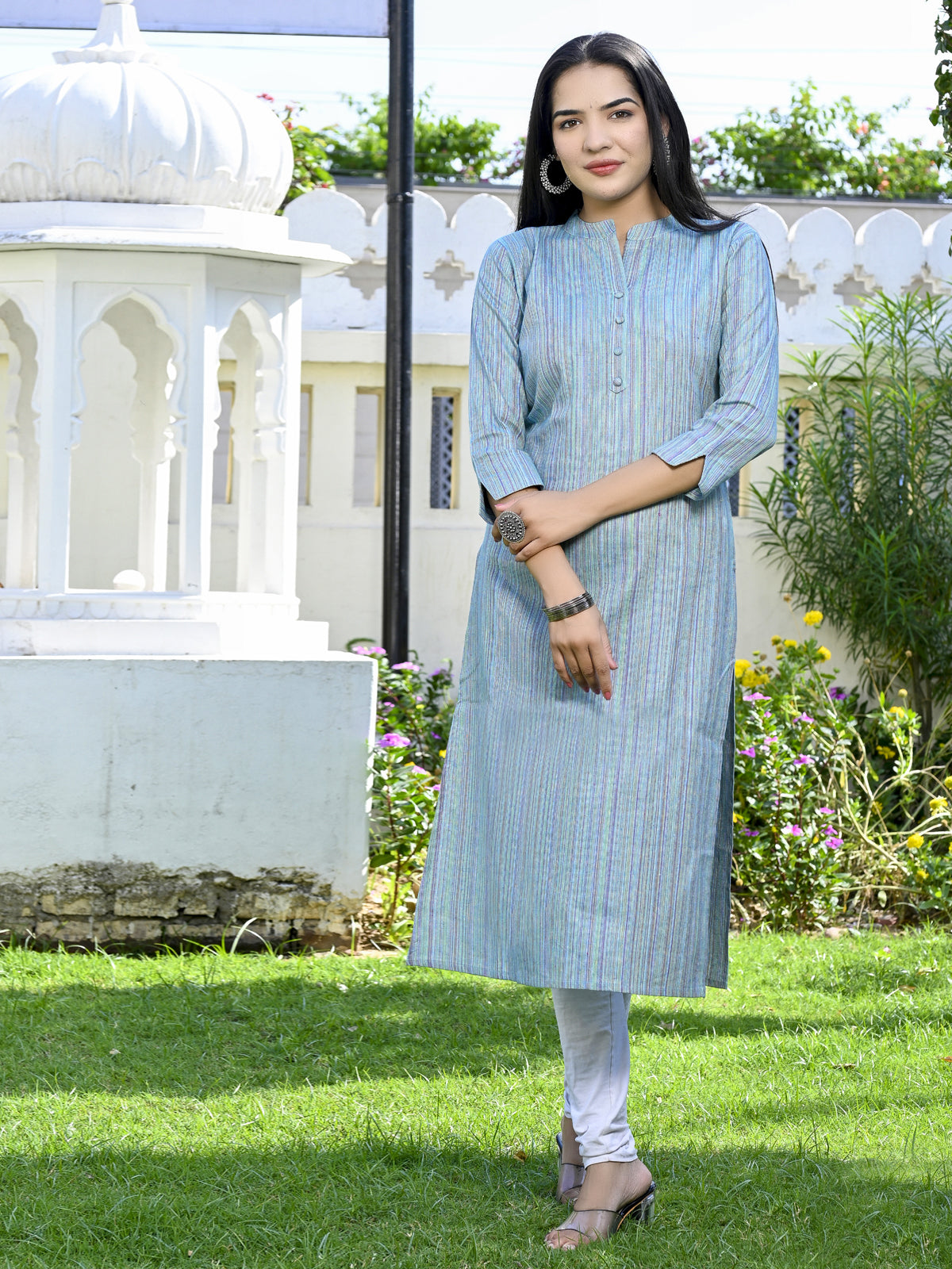 Ethnic Wear Khadi Cotton Blue Multistripe Couple Kurta Set