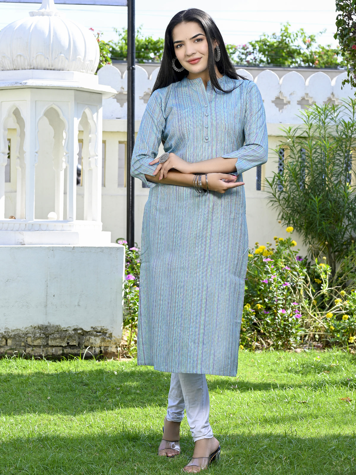 Ethnic Wear Khadi Cotton Blue Multistripe Couple Kurta Set