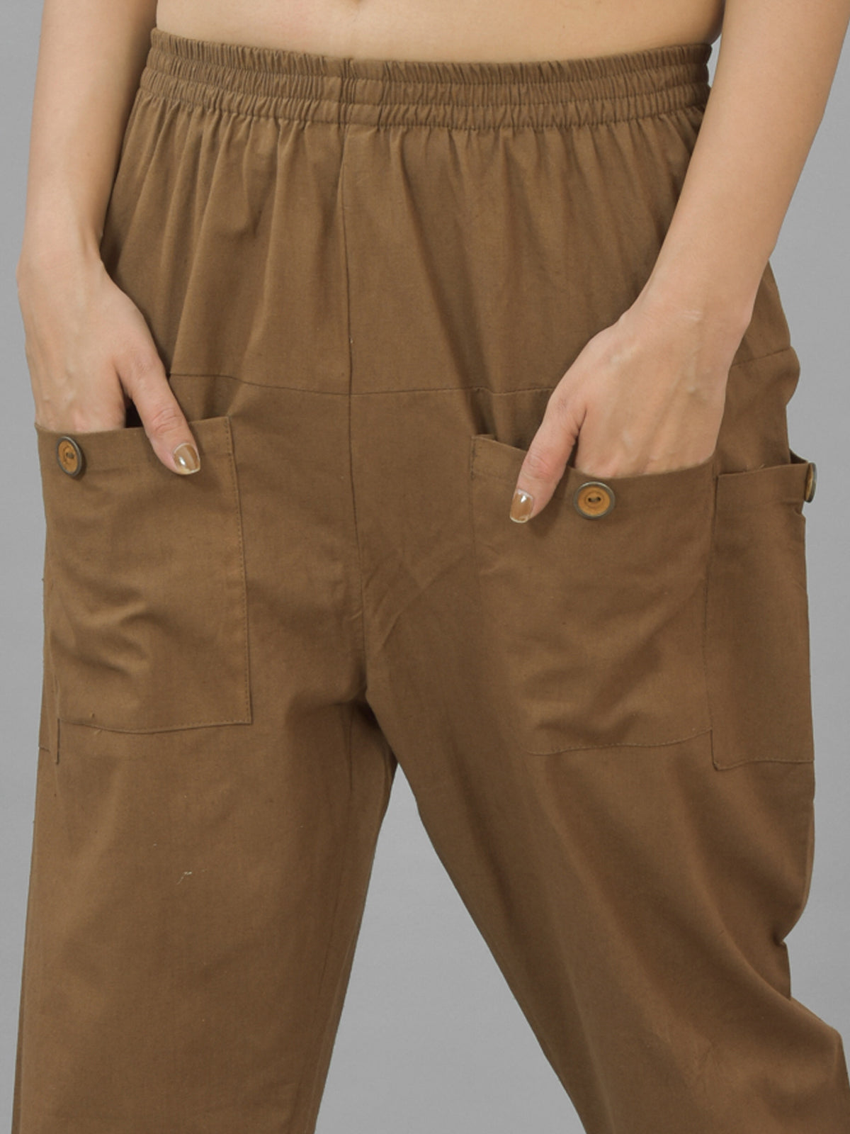 Quaclo Women's Brown Four Pocket Cotton Cargo Pants