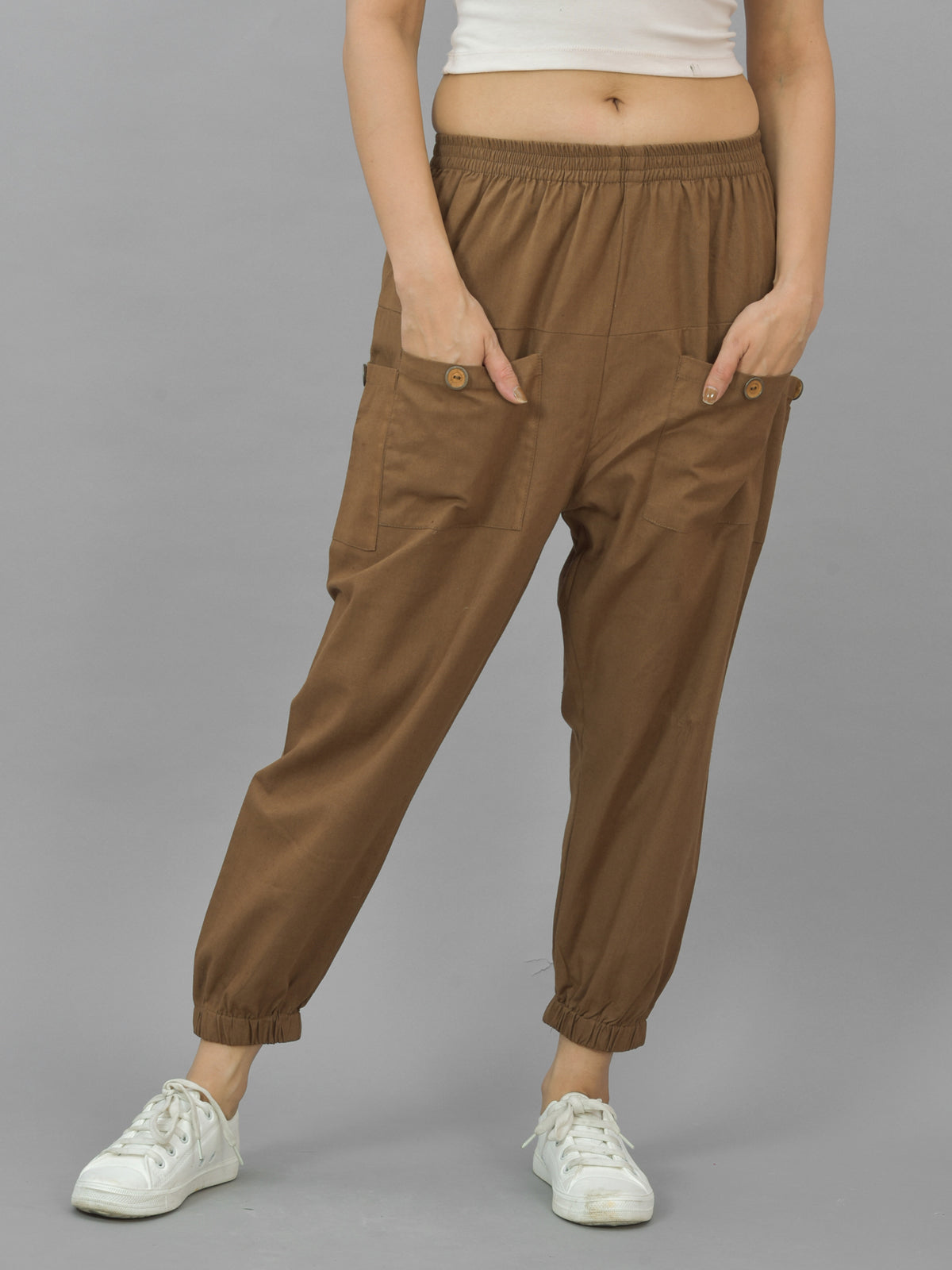 Combo Pack Of Womens Brown And Melange Grey Four Pocket Cotton Cargo Pants