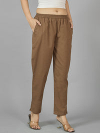 Quaclo Womens Brown Regular Fit Fully Elastic Cotton Trouser