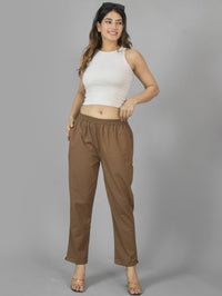 Pack Of 2 Womens Brown And Melange Grey Deep Pocket Fully Elastic Cotton Trouser