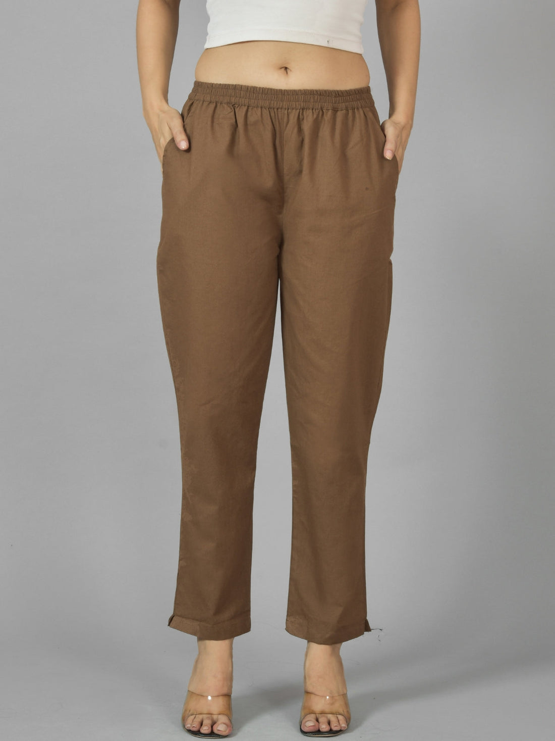 Pack Of 2 Womens Brown And Grey Deep Pocket Fully Elastic Cotton Trouser