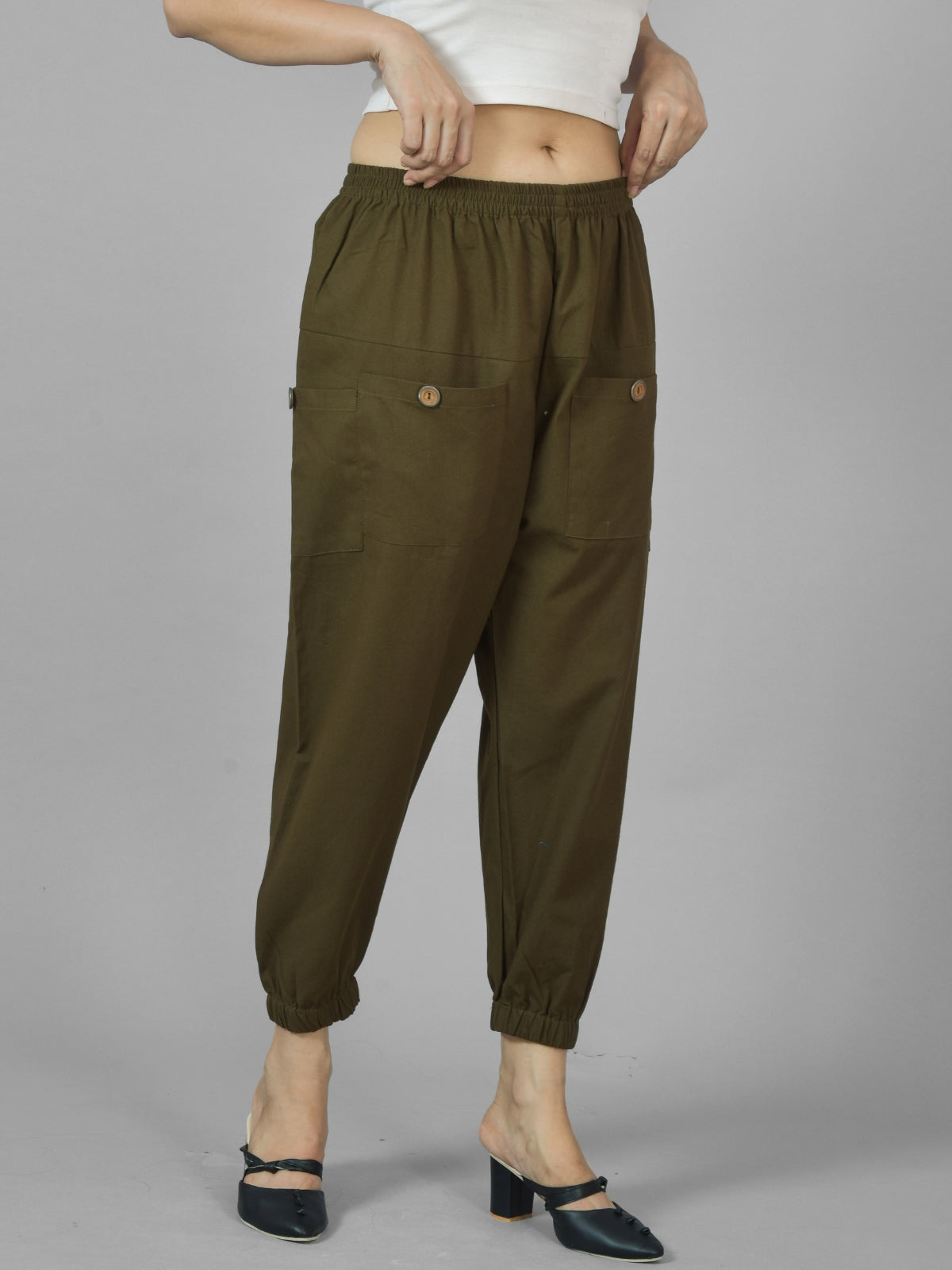 Quaclo Women's Dark Green Four Pocket Cotton Cargo Pants