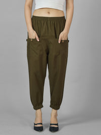 Combo Pack Of Womens Beige And Dark Green Four Pocket Cotton Cargo Pants