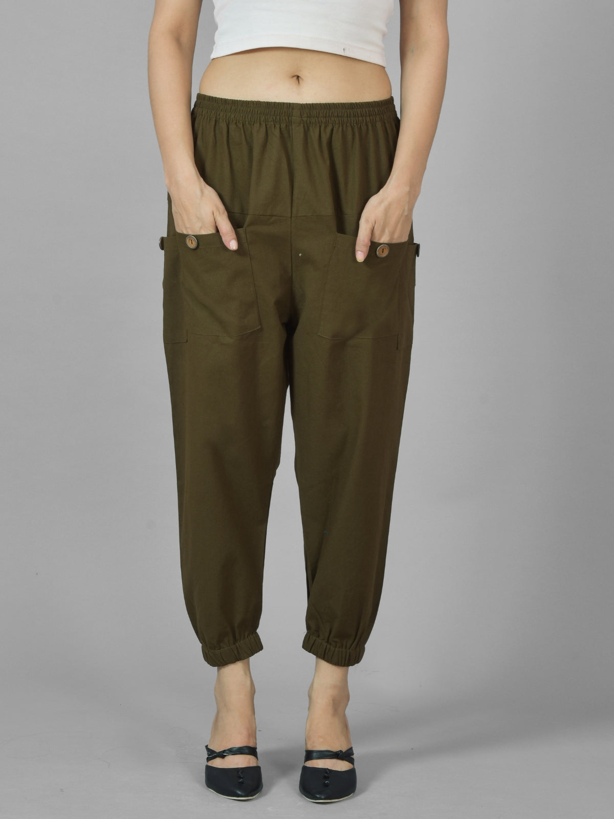 Combo Pack Of Womens Dark Green And Maroon Four Pocket Cotton Cargo Pants