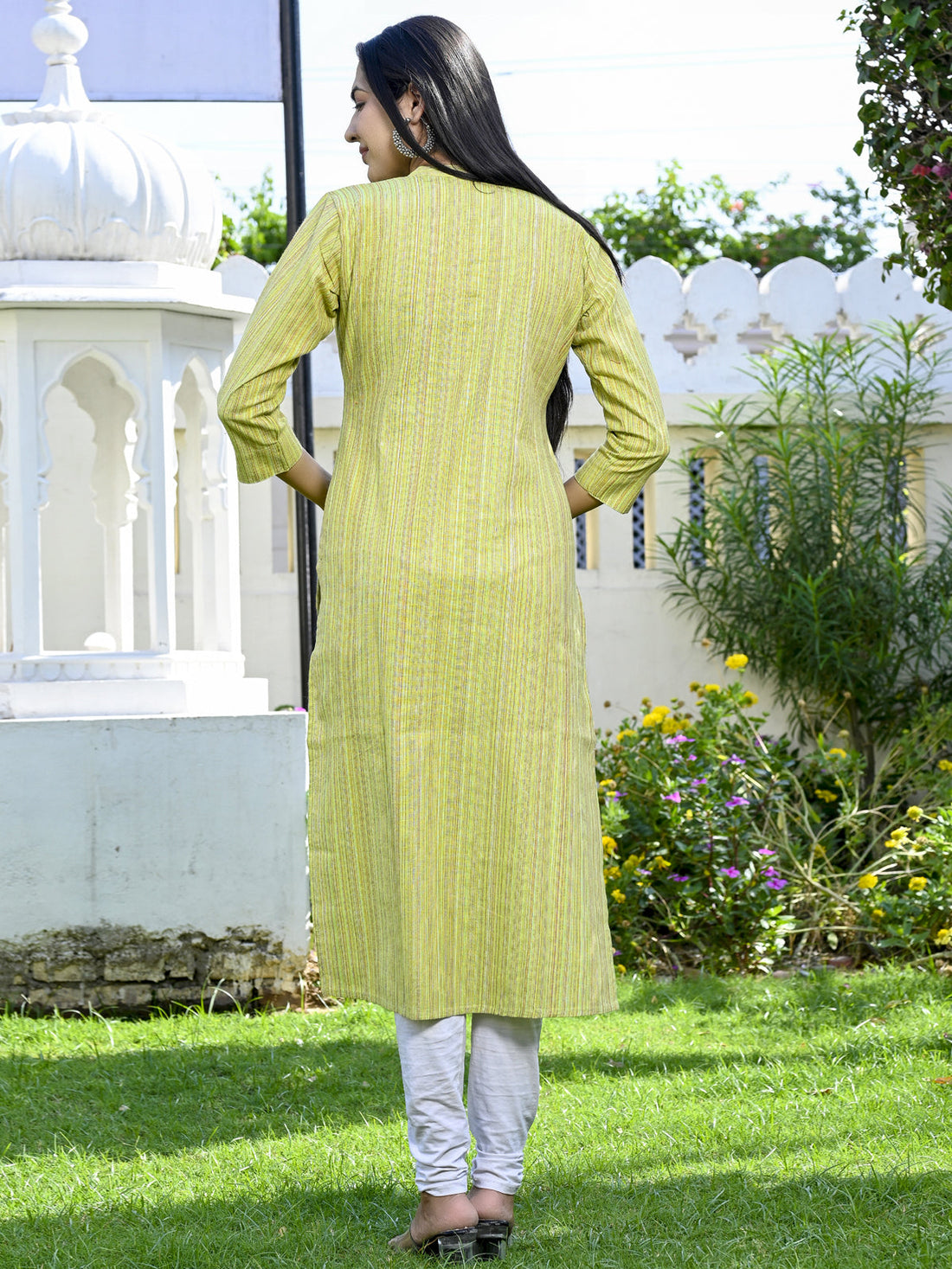 Womens Green Khadi Cotton Multistripe Straight Kurti