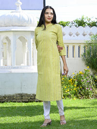 Womens Green Khadi Cotton Multistripe Straight Kurti