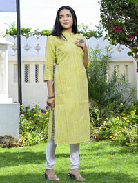 Womens Green Khadi Cotton Multistripe Straight Kurti