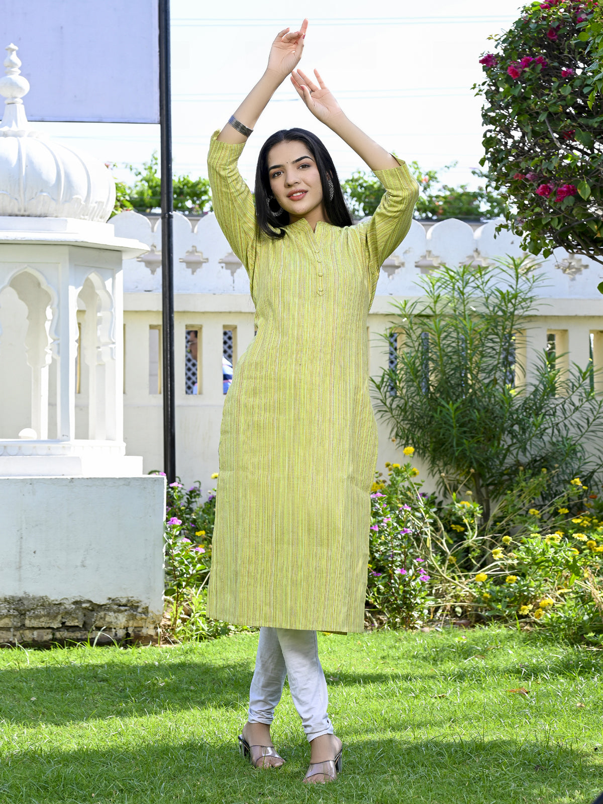 Ethnic Wear Khadi Cotton Green Multistripe Couple Kurta Set