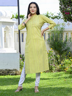 Womens Green South Cotton Multistripe Straight Kurti