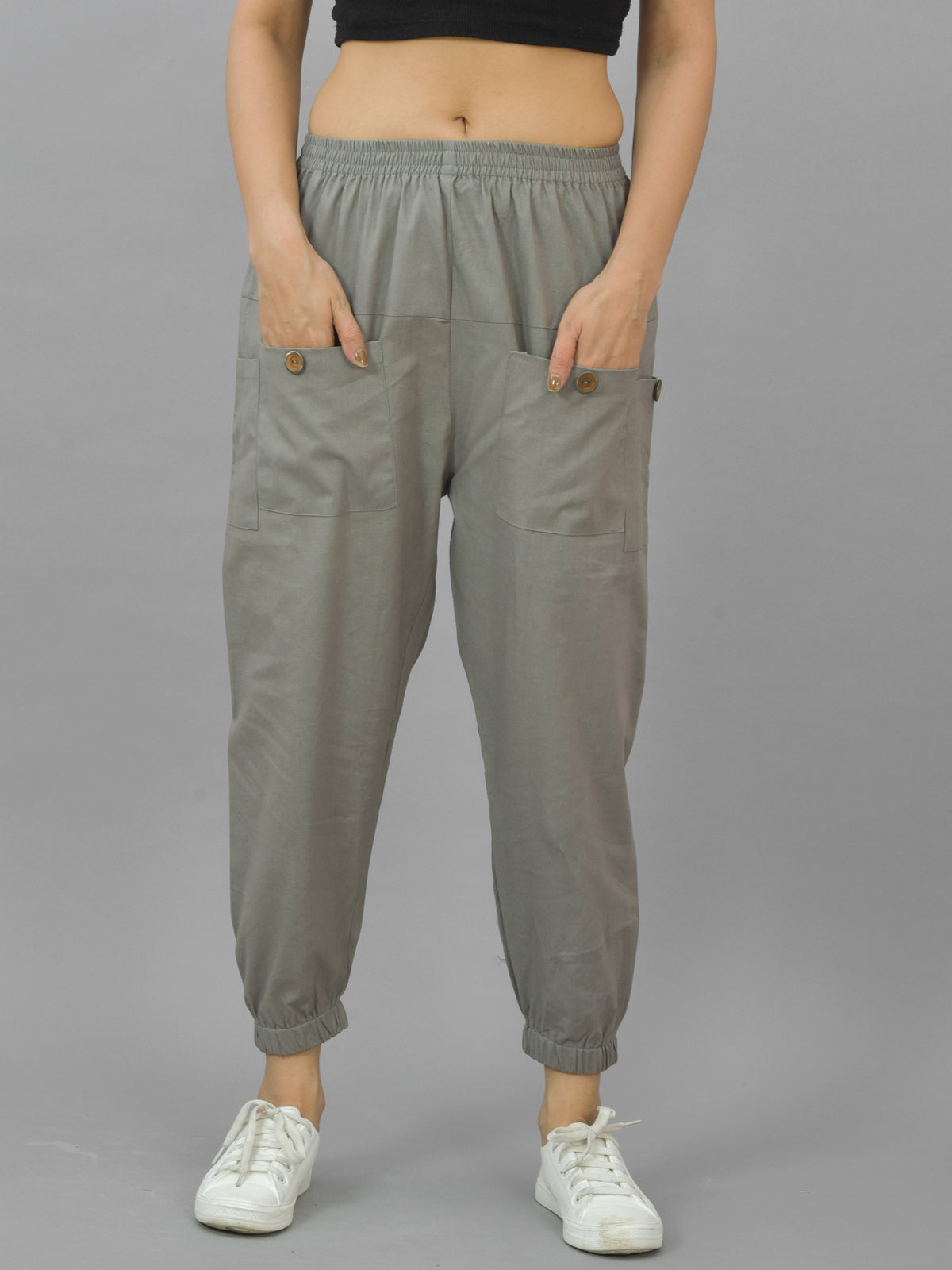 Combo Pack Of Womens Grey And Maroon Four Pocket Cotton Cargo Pants