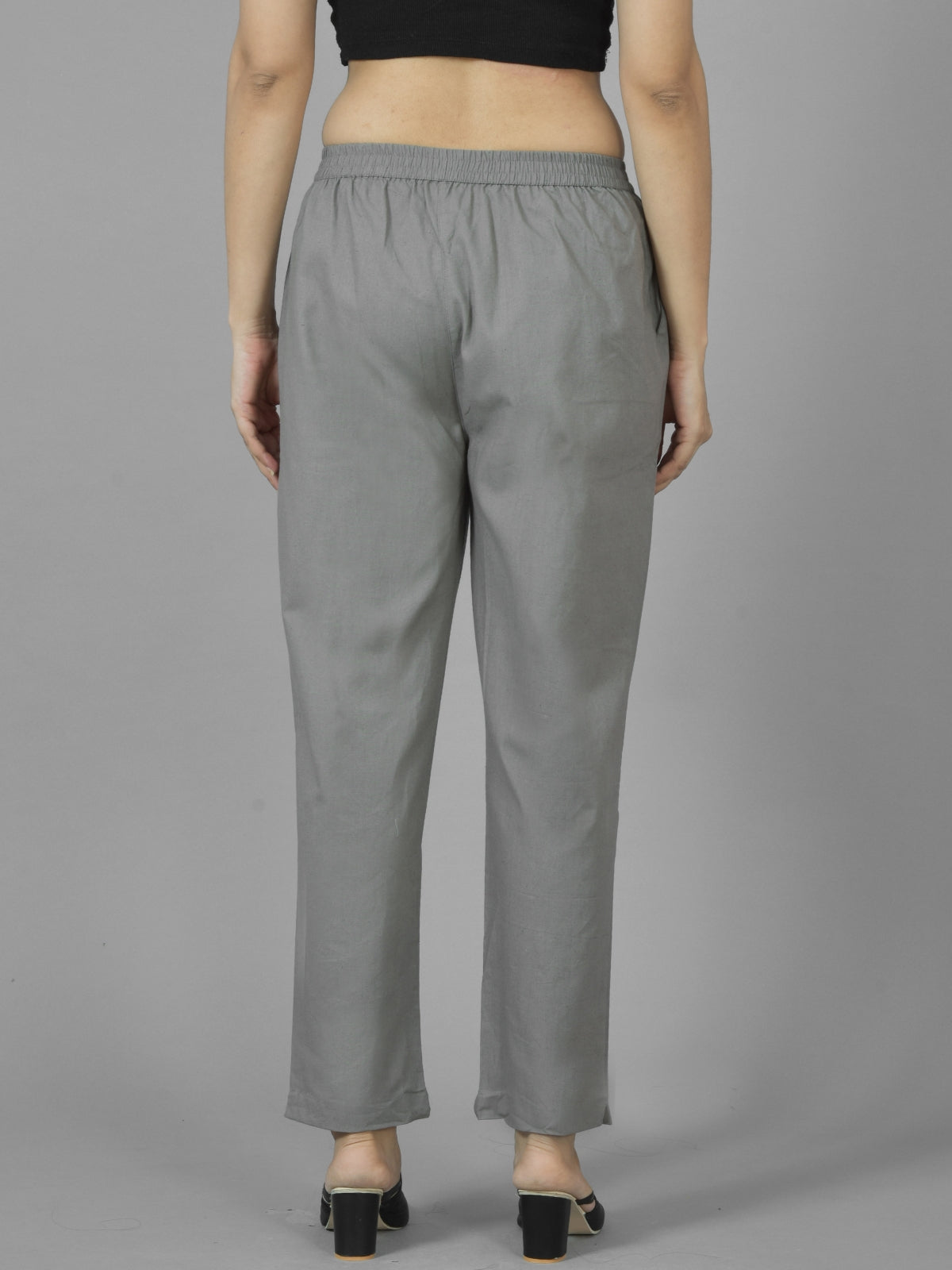 Quaclo Womens Grey Regular Fit Fully Elastic Cotton Trouser