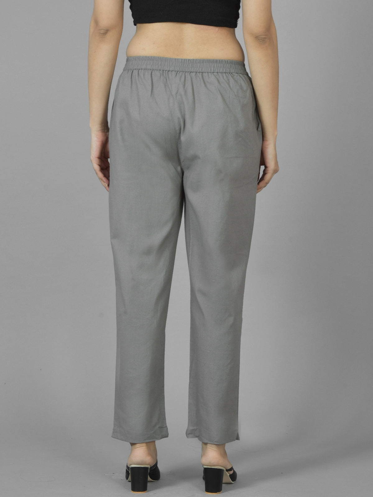 Pack Of 2 Womens Grey And Melange Grey Deep Pocket Fully Elastic Cotton Trouser