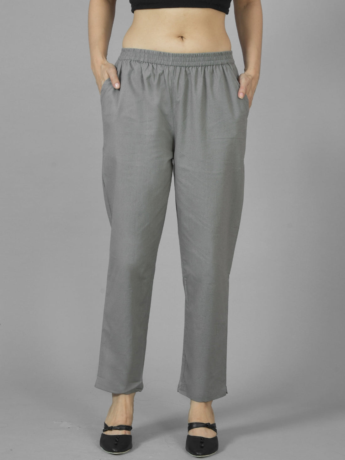 Pack Of 2 Womens Grey And Navy Blue Deep Pocket Fully Elastic Cotton Trouser