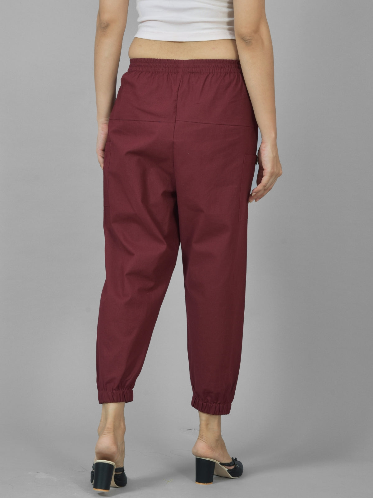 Combo Pack Of Womens Melange Grey And Maroon Four Pocket Cotton Cargo Pants