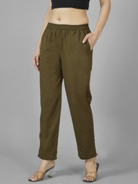 Quaclo Womens Mehndi Green Regular Fit Fully Elastic Cotton Trouser