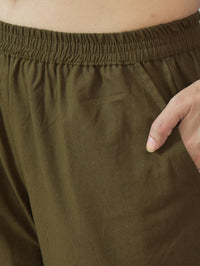 Quaclo Womens Mehndi Green Regular Fit Fully Elastic Cotton Trouser