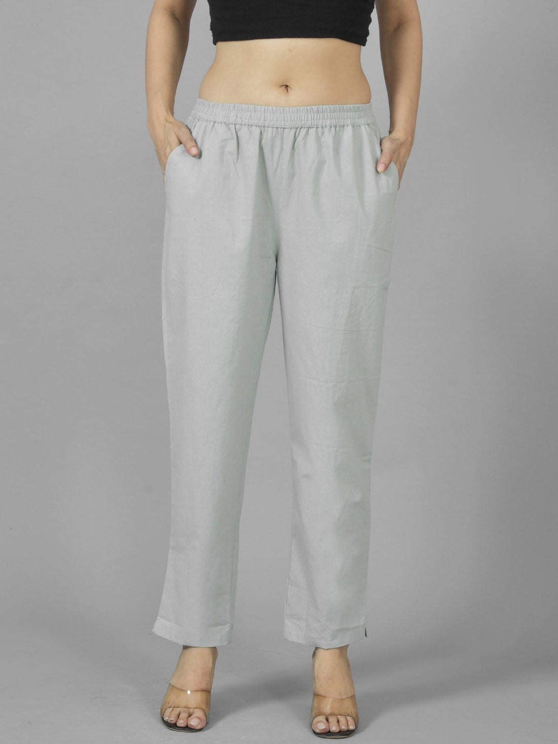 Pack Of 2 Womens Melange Grey And Navy Blue Deep Pocket Fully Elastic Cotton Trouser