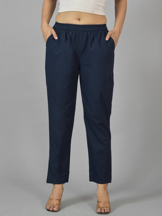 Quaclo Womens Navy Blue Regular Fit Fully Elastic Cotton Trouser